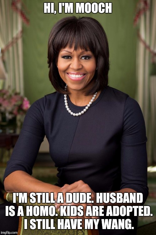 michelle obama | HI, I'M MOOCH; I'M STILL A DUDE. HUSBAND IS A HOMO. KIDS ARE ADOPTED. I STILL HAVE MY WANG. | image tagged in michelle obama | made w/ Imgflip meme maker
