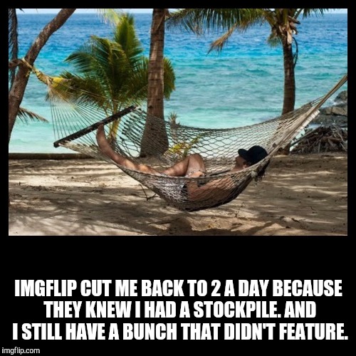Hammock dude | IMGFLIP CUT ME BACK TO 2 A DAY BECAUSE THEY KNEW I HAD A STOCKPILE. AND I STILL HAVE A BUNCH THAT DIDN'T FEATURE. | image tagged in hammock dude | made w/ Imgflip meme maker