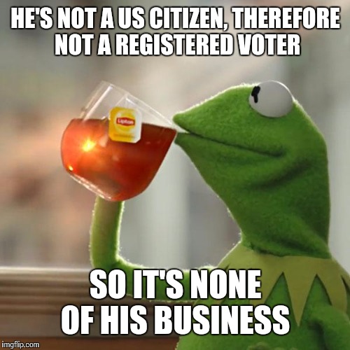 But That's None Of My Business Meme | HE'S NOT A US CITIZEN, THEREFORE NOT A REGISTERED VOTER SO IT'S NONE OF HIS BUSINESS | image tagged in memes,but thats none of my business,kermit the frog | made w/ Imgflip meme maker