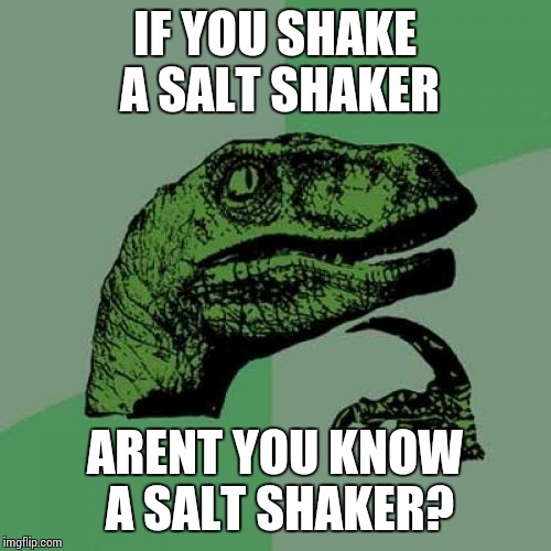 Philosoraptor Meme | IF YOU SHAKE A SALT SHAKER; ARENT YOU KNOW A SALT SHAKER? | image tagged in memes,philosoraptor | made w/ Imgflip meme maker