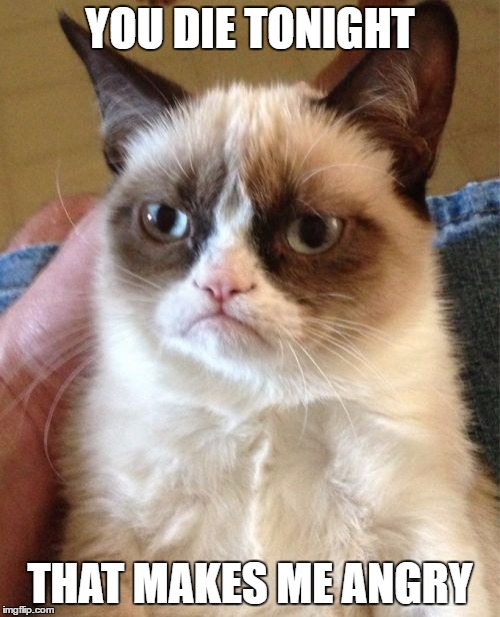 Grumpy Cat | YOU DIE TONIGHT; THAT MAKES ME ANGRY | image tagged in memes,grumpy cat | made w/ Imgflip meme maker