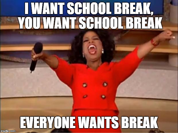 Oprah You Get A | I WANT SCHOOL BREAK, YOU WANT SCHOOL BREAK; EVERYONE WANTS BREAK | image tagged in memes,oprah you get a | made w/ Imgflip meme maker