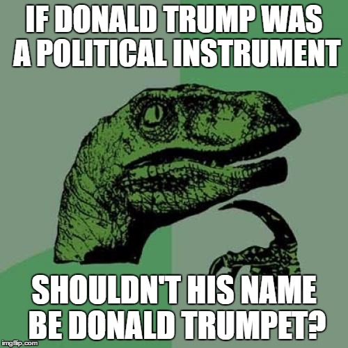 Philosoraptor | IF DONALD TRUMP WAS A POLITICAL INSTRUMENT; SHOULDN'T HIS NAME BE DONALD TRUMPET? | image tagged in memes,philosoraptor | made w/ Imgflip meme maker