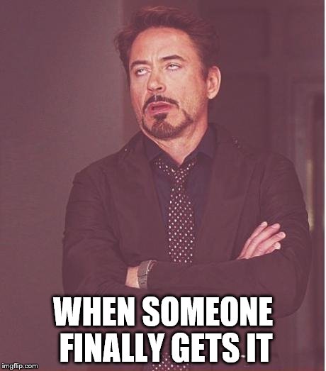 Face You Make Robert Downey Jr | WHEN SOMEONE FINALLY GETS IT | image tagged in memes,face you make robert downey jr | made w/ Imgflip meme maker