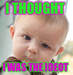 Skeptical Baby | I THOUGHT; I WAS THE IDEOT | image tagged in memes,skeptical baby | made w/ Imgflip meme maker