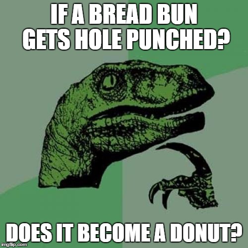 Philosoraptor Meme | IF A BREAD BUN GETS HOLE PUNCHED? DOES IT BECOME A DONUT? | image tagged in memes,philosoraptor | made w/ Imgflip meme maker