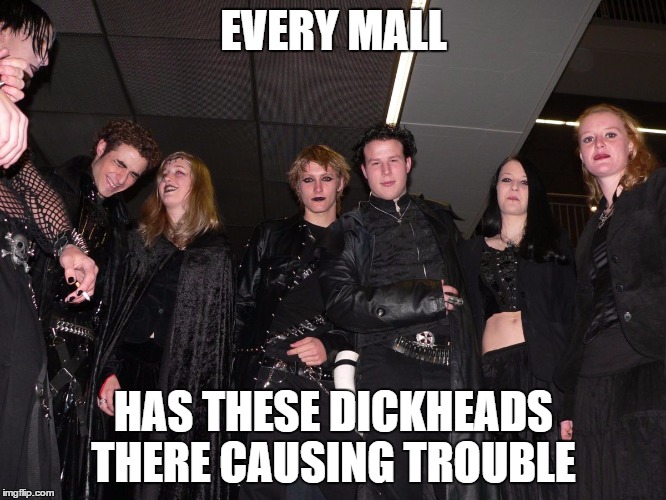 Goth People | EVERY MALL; HAS THESE DICKHEADS THERE CAUSING TROUBLE | image tagged in goth people | made w/ Imgflip meme maker