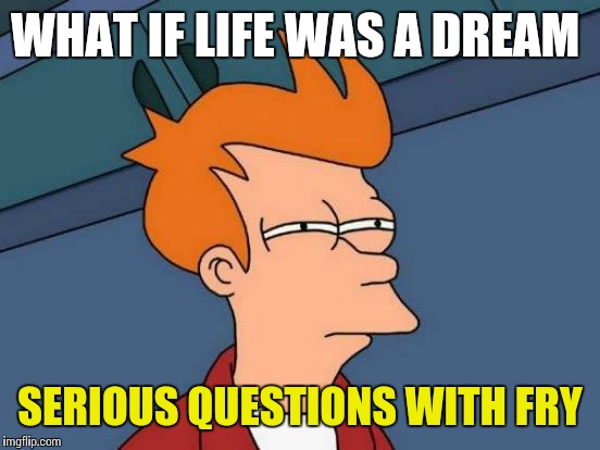 Futurama Fry | WHAT IF LIFE WAS A DREAM; SERIOUS QUESTIONS WITH FRY | image tagged in memes,futurama fry | made w/ Imgflip meme maker