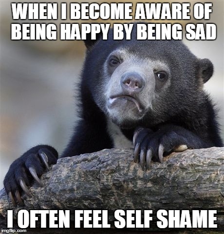 Confession Bear | WHEN I BECOME AWARE OF BEING HAPPY BY BEING SAD; I OFTEN FEEL SELF SHAME | image tagged in memes,confession bear | made w/ Imgflip meme maker