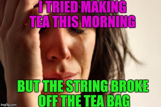 First World Problems Meme | I TRIED MAKING TEA THIS MORNING; BUT THE STRING BROKE OFF THE TEA BAG | image tagged in memes,first world problems | made w/ Imgflip meme maker