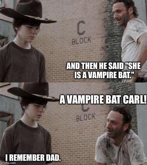 I am equally traumatized. | AND THEN HE SAID "SHE IS A VAMPIRE BAT."; A VAMPIRE BAT CARL! I REMEMBER DAD. | image tagged in memes,rick and carl,the walking dead,coral | made w/ Imgflip meme maker
