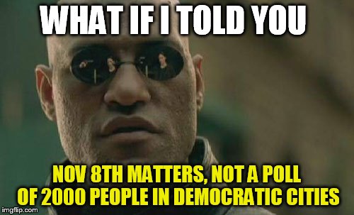 Matrix Morpheus Meme | WHAT IF I TOLD YOU NOV 8TH MATTERS, NOT A POLL OF 2000 PEOPLE IN DEMOCRATIC CITIES | image tagged in memes,matrix morpheus | made w/ Imgflip meme maker