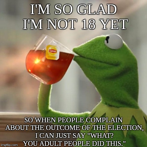 But That's None Of My Business Meme | I'M SO GLAD I'M NOT 18 YET; SO WHEN PEOPLE COMPLAIN ABOUT THE OUTCOME OF THE ELECTION, I CAN JUST SAY "WHAT? YOU ADULT PEOPLE DID THIS." | image tagged in memes,but thats none of my business,kermit the frog | made w/ Imgflip meme maker