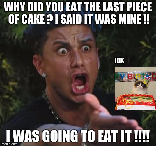 DJ Pauly D | WHY DID YOU EAT THE LAST PIECE OF CAKE ? I SAID IT WAS MINE !! IDK; I WAS GOING TO EAT IT !!!! | image tagged in memes,dj pauly d | made w/ Imgflip meme maker