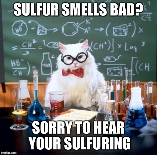 Chemistry Cat | SULFUR SMELLS BAD? SORRY TO HEAR YOUR SULFURING | image tagged in memes,chemistry cat | made w/ Imgflip meme maker