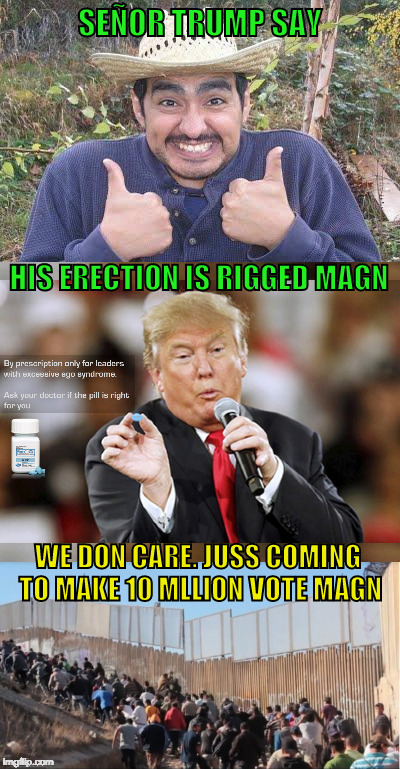 Illegal Excited About the Rigged Erection | SEÑOR TRUMP SAY; HIS ERECTION IS RIGGED MAGN; WE DON CARE. JUSS COMING TO MAKE 10 MLLION VOTE MAGN | image tagged in illegal immigration,vote,rigged,election,errection | made w/ Imgflip meme maker