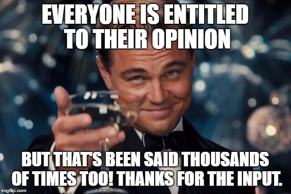 Leonardo Dicaprio Cheers Meme | EVERYONE IS ENTITLED TO THEIR OPINION BUT THAT'S BEEN SAID THOUSANDS OF TIMES TOO! THANKS FOR THE INPUT. | image tagged in memes,leonardo dicaprio cheers | made w/ Imgflip meme maker