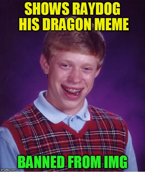 Bad Luck Brian Meme | SHOWS RAYDOG HIS DRAGON MEME BANNED FROM IMG | image tagged in memes,bad luck brian | made w/ Imgflip meme maker