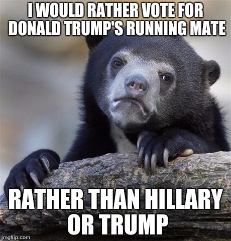 Confession Bear | I WOULD RATHER VOTE FOR DONALD TRUMP'S RUNNING MATE; RATHER THAN HILLARY OR TRUMP | image tagged in memes,confession bear | made w/ Imgflip meme maker