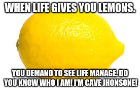 When life gives you lemons, X | WHEN LIFE GIVES YOU LEMONS. YOU DEMAND TO SEE LIFE MANAGE. DO YOU KNOW WHO I AM! I'M CAVE JHONSONE! | image tagged in when life gives you lemons x | made w/ Imgflip meme maker