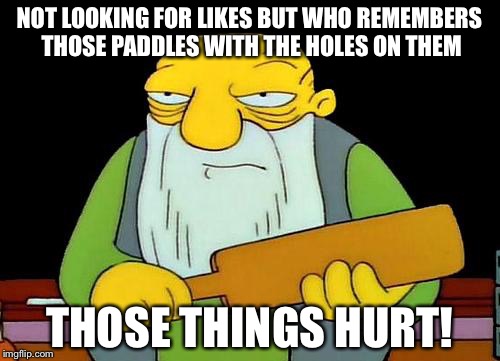 That's a paddlin' Meme | NOT LOOKING FOR LIKES BUT WHO REMEMBERS THOSE PADDLES WITH THE HOLES ON THEM; THOSE THINGS HURT! | image tagged in memes,that's a paddlin' | made w/ Imgflip meme maker