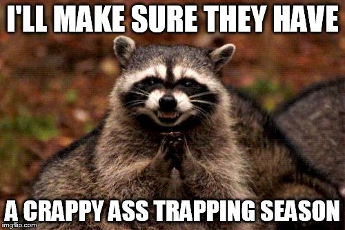 Evil Plotting Raccoon | I'LL MAKE SURE THEY HAVE; A CRAPPY ASS TRAPPING SEASON | image tagged in memes,evil plotting raccoon | made w/ Imgflip meme maker