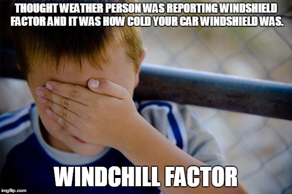 Confession Kid Meme | THOUGHT WEATHER PERSON WAS REPORTING WINDSHIELD FACTOR AND IT WAS HOW COLD YOUR CAR WINDSHIELD WAS. WINDCHILL FACTOR | image tagged in memes,confession kid | made w/ Imgflip meme maker