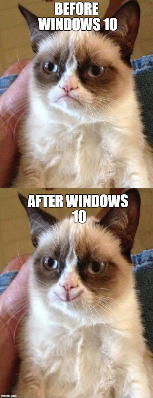 Grumpy Cat 2x Smile | BEFORE WINDOWS 10; AFTER WINDOWS 10 | image tagged in grumpy cat 2x smile | made w/ Imgflip meme maker