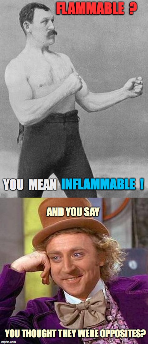 Strong Man Knows The Difference? | FLAMMABLE  ? YOU  MEAN;   INFLAMMABLE  ! AND YOU SAY; YOU THOUGHT THEY WERE OPPOSITES? | image tagged in flammable,inflammable,irony,double meaning,opposite,willie wonka | made w/ Imgflip meme maker
