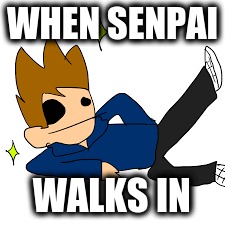 When senpai walks into the room | WHEN SENPAI; WALKS IN | image tagged in eddsworld,senpai | made w/ Imgflip meme maker