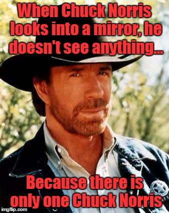 There can only be one | When Chuck Norris looks into a mirror, he doesn't see anything... Because there is only one Chuck Norris | image tagged in chuck norris,memes,trhtimmy,chuck norris approves | made w/ Imgflip meme maker