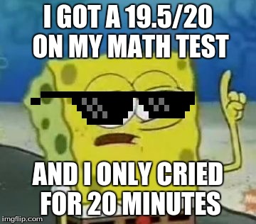 I'll Have You Know Spongebob | I GOT A 19.5/20 ON MY MATH TEST; AND I ONLY CRIED FOR 20 MINUTES | image tagged in memes,ill have you know spongebob | made w/ Imgflip meme maker