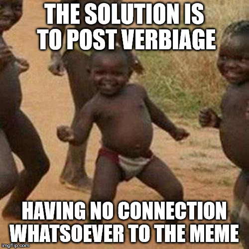 Third World Success Kid Meme | THE SOLUTION IS TO POST VERBIAGE HAVING NO CONNECTION WHATSOEVER TO THE MEME | image tagged in memes,third world success kid | made w/ Imgflip meme maker