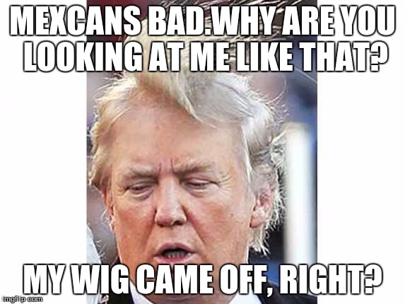 MEXCANS BAD.WHY ARE YOU LOOKING AT ME LIKE THAT? MY WIG CAME OFF, RIGHT? | image tagged in trump's been haired | made w/ Imgflip meme maker