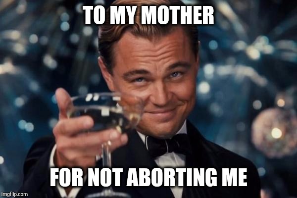 Thanks Mom. | TO MY MOTHER; FOR NOT ABORTING ME | image tagged in memes,leonardo dicaprio cheers,abortion | made w/ Imgflip meme maker