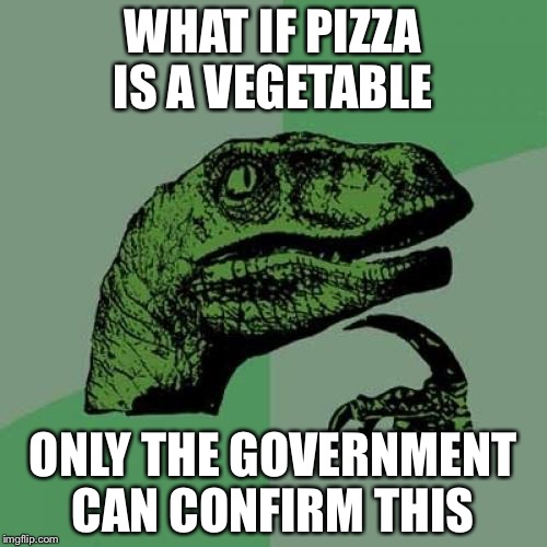 Philosoraptor | WHAT IF PIZZA IS A VEGETABLE; ONLY THE GOVERNMENT CAN CONFIRM THIS | image tagged in memes,philosoraptor | made w/ Imgflip meme maker