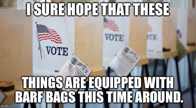 Voting Booth | I SURE HOPE THAT THESE; THINGS ARE EQUIPPED WITH BARF BAGS THIS TIME AROUND. | image tagged in voting booth | made w/ Imgflip meme maker