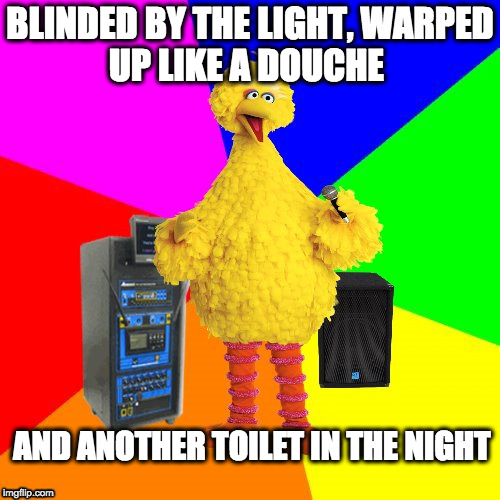 Big Bird Sings Blinded by the Light

 | BLINDED BY THE LIGHT,
WARPED UP LIKE A DOUCHE; AND ANOTHER TOILET IN THE NIGHT | image tagged in wrong lyrics karaoke big bird,manfred mann's earth band,blinded by the light | made w/ Imgflip meme maker