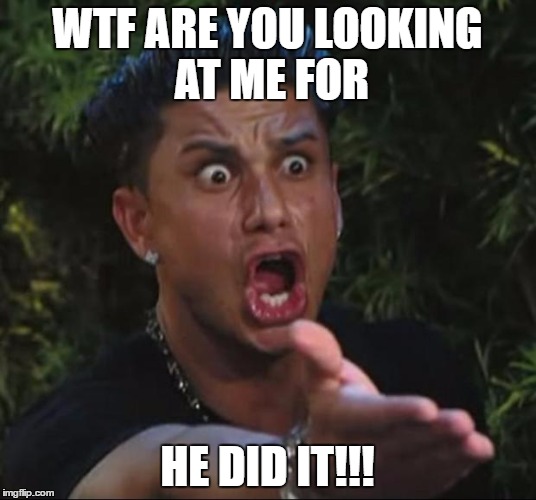 DJ Pauly D Meme | WTF ARE YOU LOOKING AT ME FOR; HE DID IT!!! | image tagged in memes,dj pauly d | made w/ Imgflip meme maker