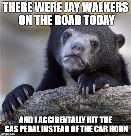 Confession Bear | THERE WERE JAY WALKERS ON THE ROAD TODAY; AND I ACCIDENTALLY HIT THE GAS PEDAL INSTEAD OF THE CAR HORN | image tagged in memes,confession bear | made w/ Imgflip meme maker