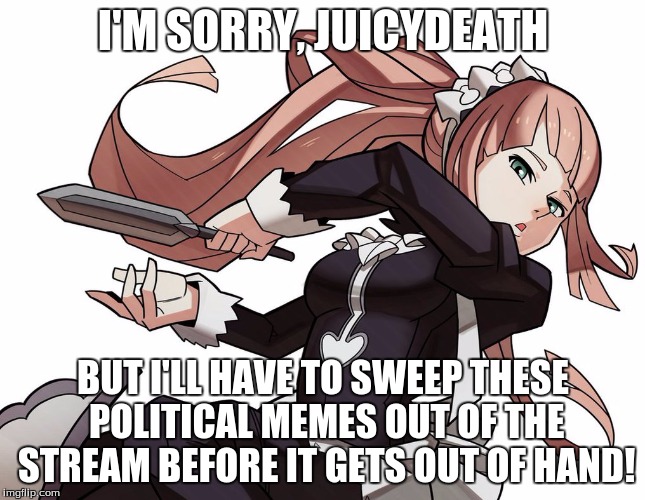 I'M SORRY, JUICYDEATH BUT I'LL HAVE TO SWEEP THESE POLITICAL MEMES OUT OF THE STREAM BEFORE IT GETS OUT OF HAND! | made w/ Imgflip meme maker