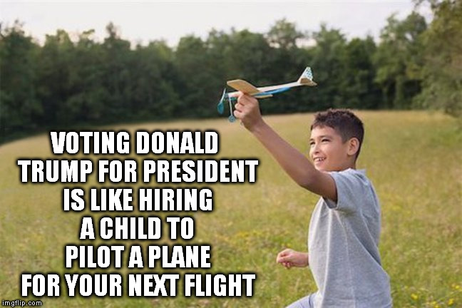 VOTING DONALD TRUMP FOR PRESIDENT IS LIKE HIRING A CHILD TO PILOT A PLANE FOR YOUR NEXT FLIGHT | image tagged in dumpttrump,nevertrump,plane,child,experience,hillary clinton 2016 | made w/ Imgflip meme maker