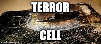 Samsung phone blowing up | TERROR; CELL | image tagged in funny,comedy,funny meme,samsung,cell phones | made w/ Imgflip meme maker