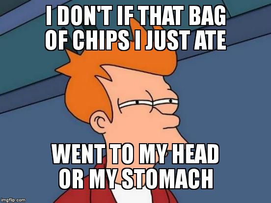 Futurama Fry Meme | I DON'T IF THAT BAG OF CHIPS I JUST ATE WENT TO MY HEAD          OR MY STOMACH | image tagged in memes,futurama fry | made w/ Imgflip meme maker