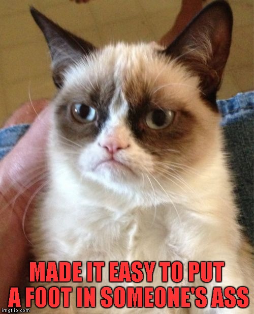 Grumpy Cat Meme | MADE IT EASY TO PUT A FOOT IN SOMEONE'S ASS | image tagged in memes,grumpy cat | made w/ Imgflip meme maker