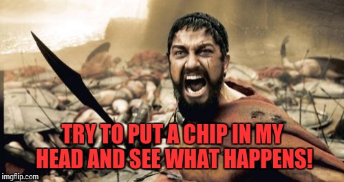 Sparta Leonidas Meme | TRY TO PUT A CHIP IN MY HEAD AND SEE WHAT HAPPENS! | image tagged in memes,sparta leonidas | made w/ Imgflip meme maker