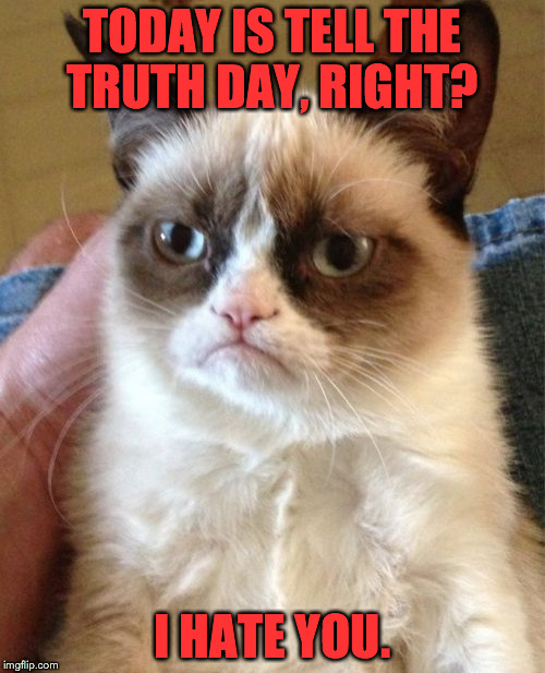 Grumpy Cat | TODAY IS TELL THE TRUTH DAY, RIGHT? I HATE YOU. | image tagged in memes,grumpy cat | made w/ Imgflip meme maker