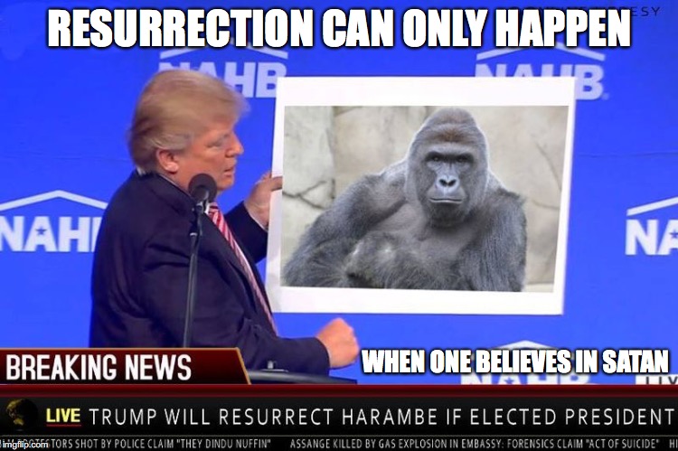 It Won't Happen | RESURRECTION CAN ONLY HAPPEN; WHEN ONE BELIEVES IN SATAN | image tagged in donald trump,harambe,memes,election 2016 | made w/ Imgflip meme maker