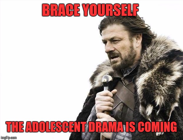 Brace Yourselves X is Coming Meme | BRACE YOURSELF THE ADOLESCENT DRAMA IS COMING | image tagged in memes,brace yourselves x is coming | made w/ Imgflip meme maker
