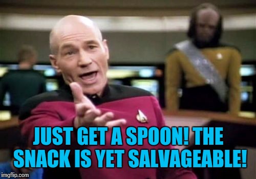 Picard Wtf Meme | JUST GET A SPOON! THE SNACK IS YET SALVAGEABLE! | image tagged in memes,picard wtf | made w/ Imgflip meme maker